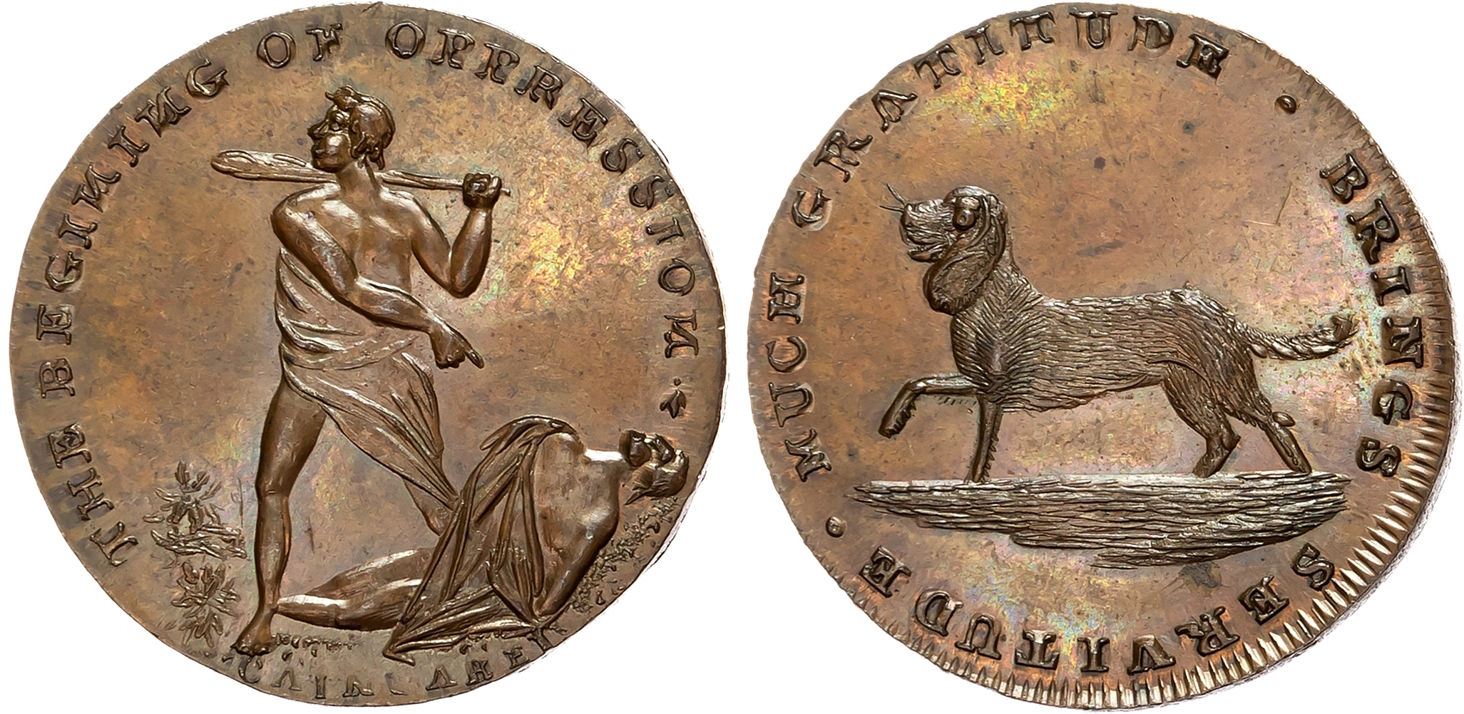 London, Holborn, Thomas Spence Halfpenny undated, Spaniel dog walking left, rev. Cain slaying Abel, edge SPENCE DEALER x …