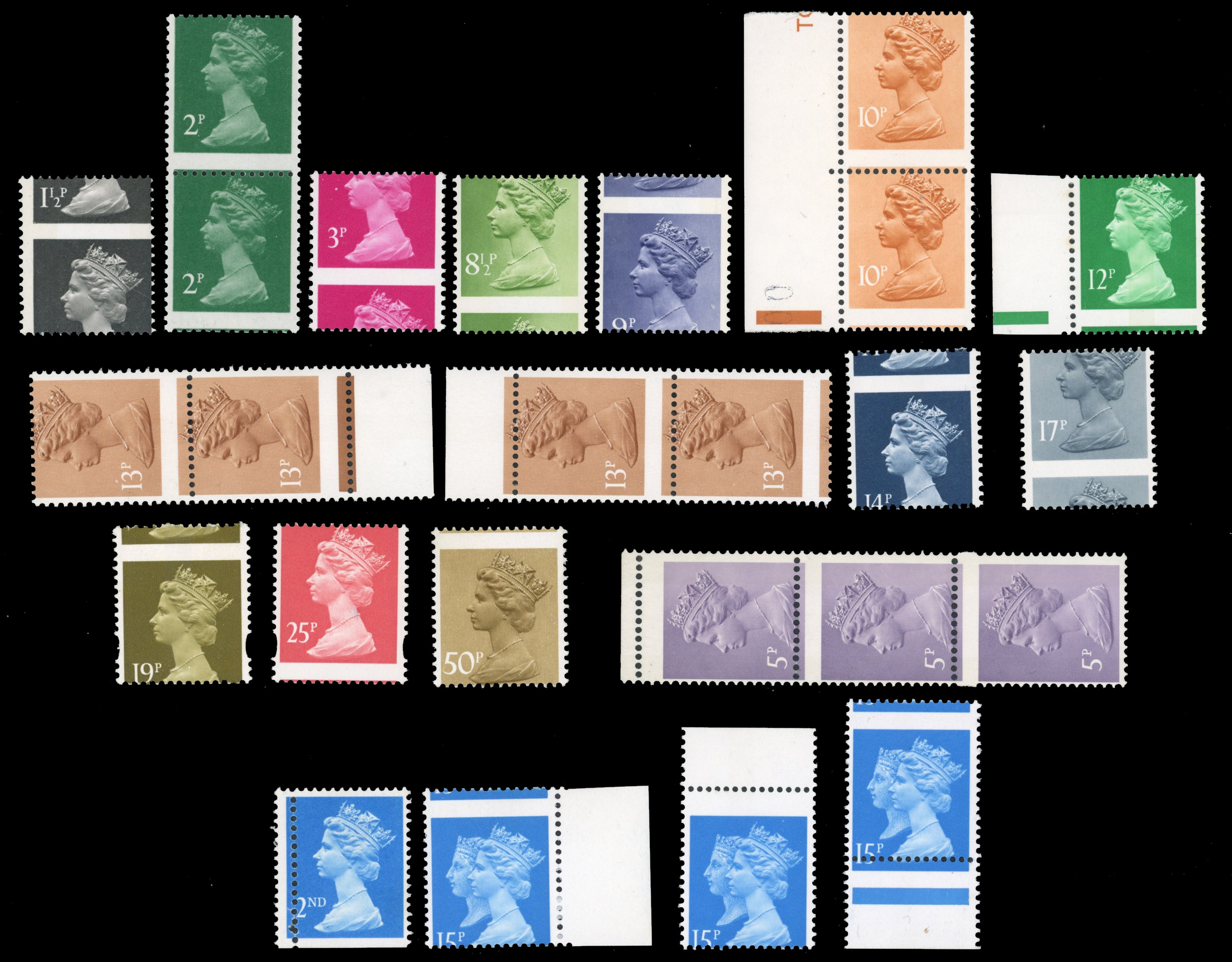 GB: 1971-2017 Decimal Machin selection of twenty-five misperfs from 1½p to 50p with some in multiples up to three