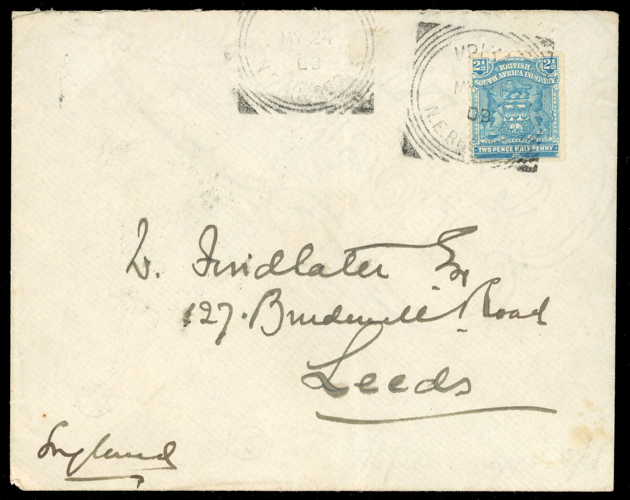 Rhodesia 1909 cover with Arms 2½d, Mpika squared circle cancel