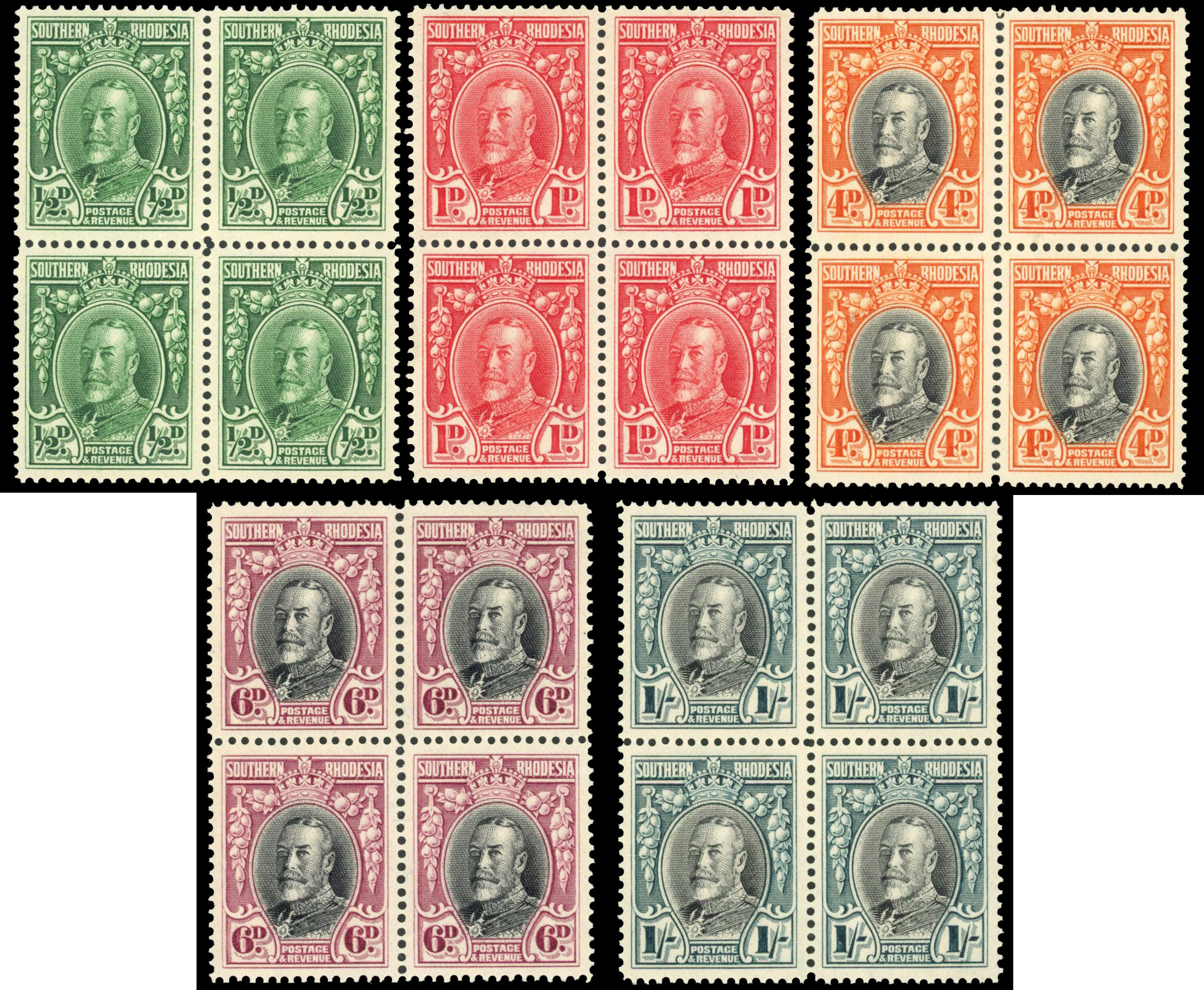 Southern Rhodesia SG 15b/23b Field Marshall perf 14 set in blocks mint