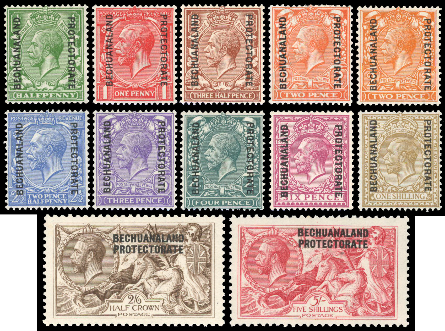 Bechuanaland 1913-24 set of 10 to 1s plus BW 2s6d, 5s
