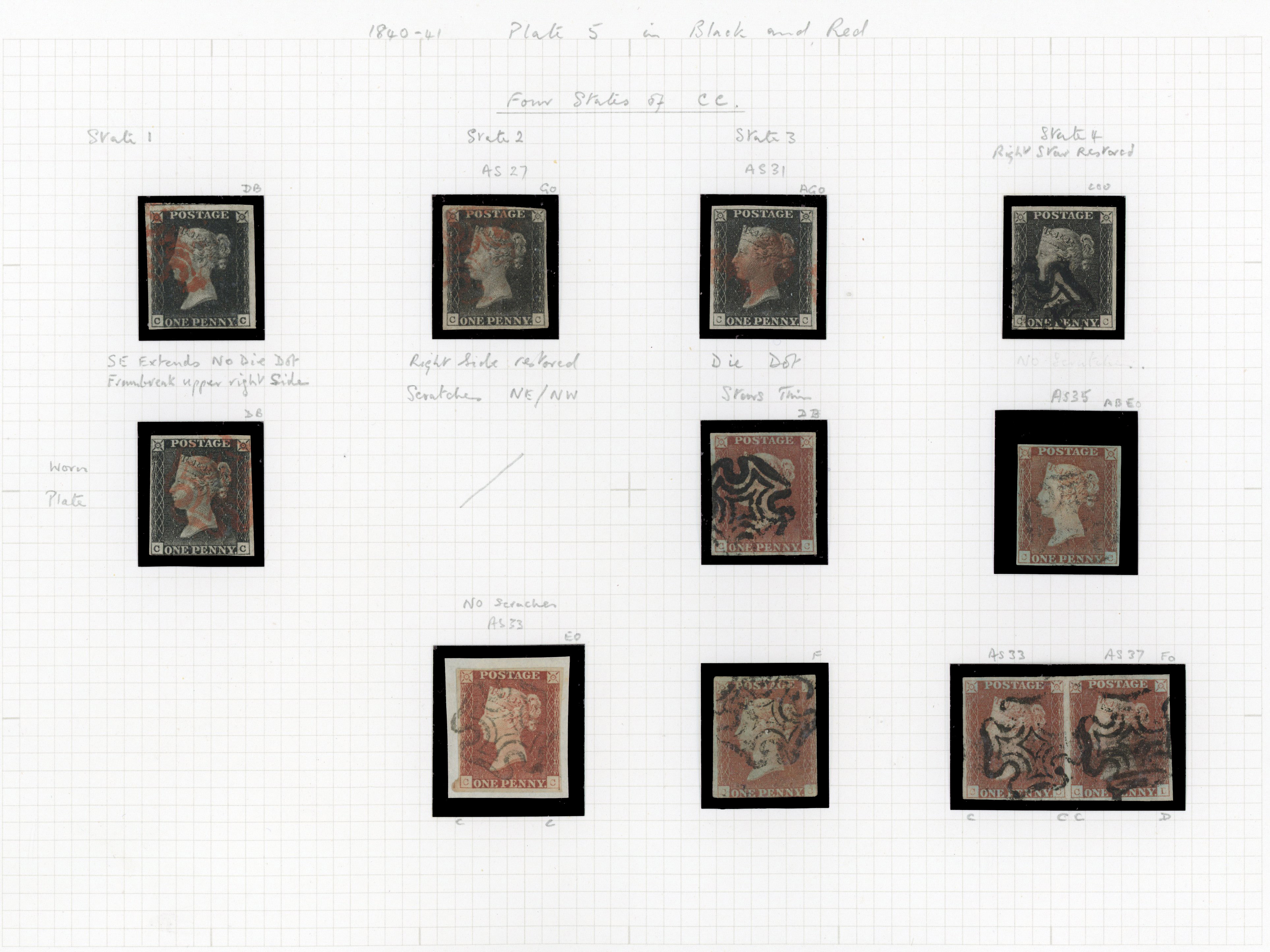 1840 1d Black Pl.5 & 1d Red-brown Pl.5. (CC, State I, II, III & IV)