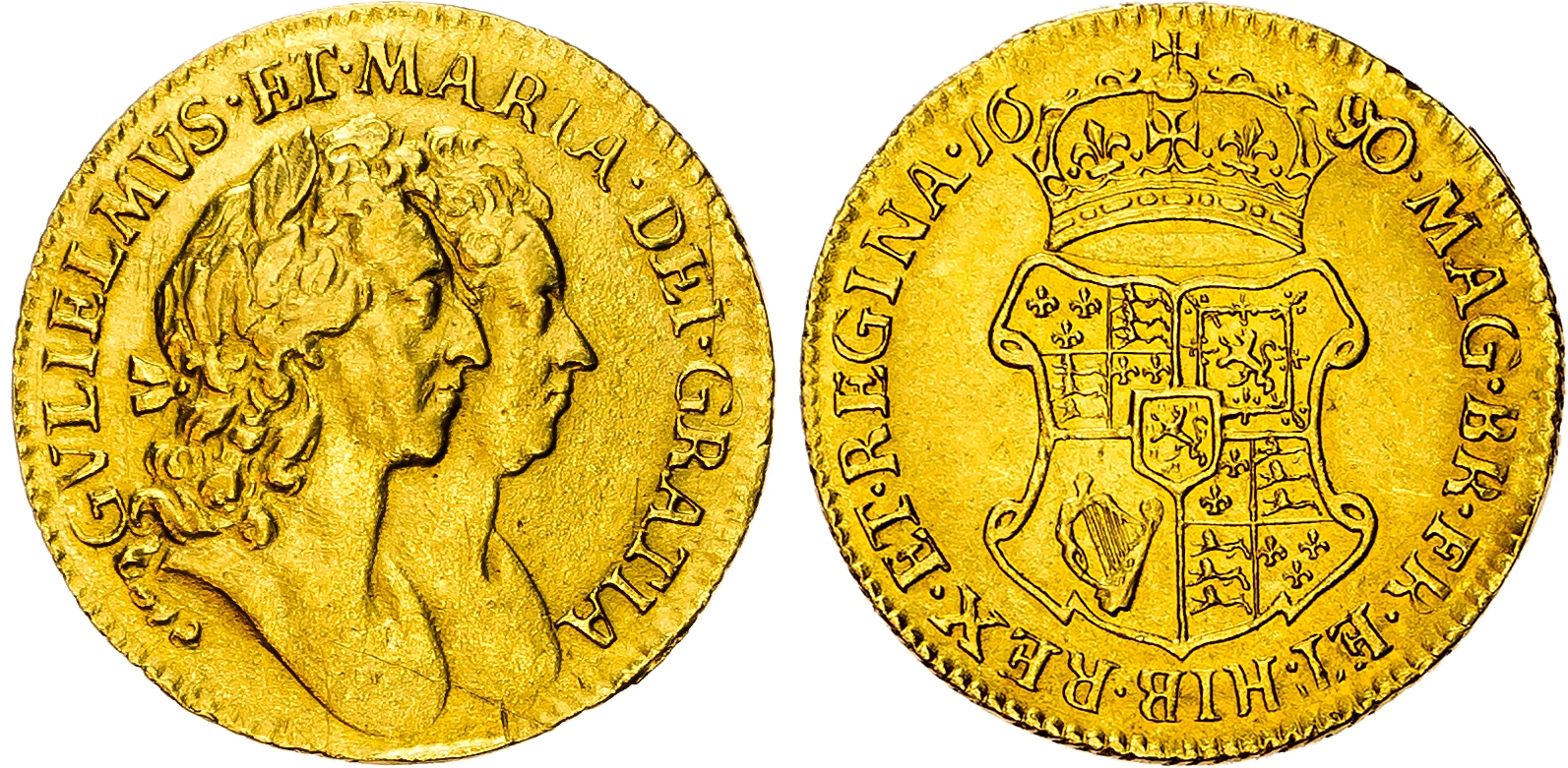 William and Mary (1688-1694), Half Guinea 1690, 90/89, conjoined busts right, rev. crowned shield, six strings to harp. …