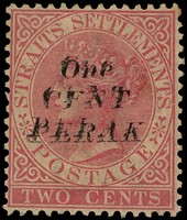 1886 1c on 2c pale rose with Type 26 surcharge double, heavily toned o.g., affecting the appearance, and foxing touches on...