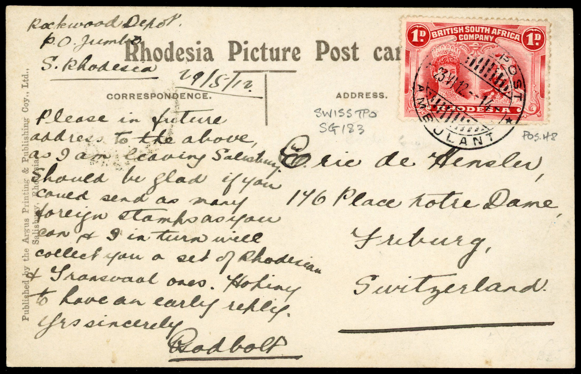 Rhodesia 1912 ppc to Switzerland with 1d perf 13½