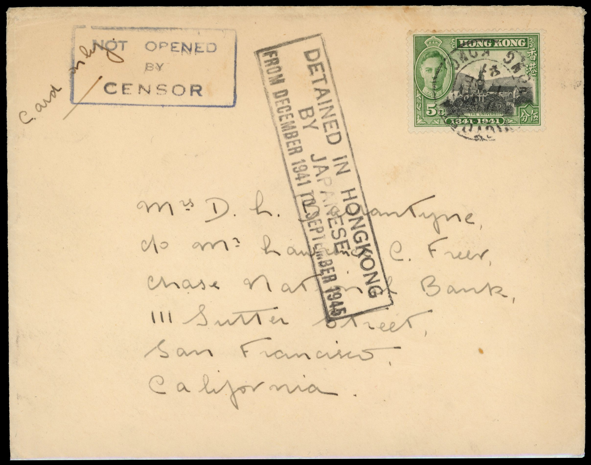 Hong Kong 1941 envelope Detained by Japanese
