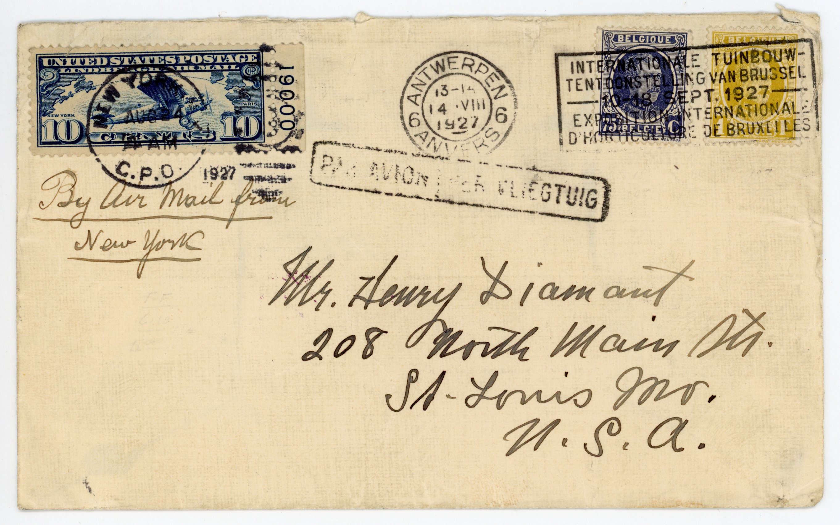 Belgium/ United States 1927 combination airmail cover