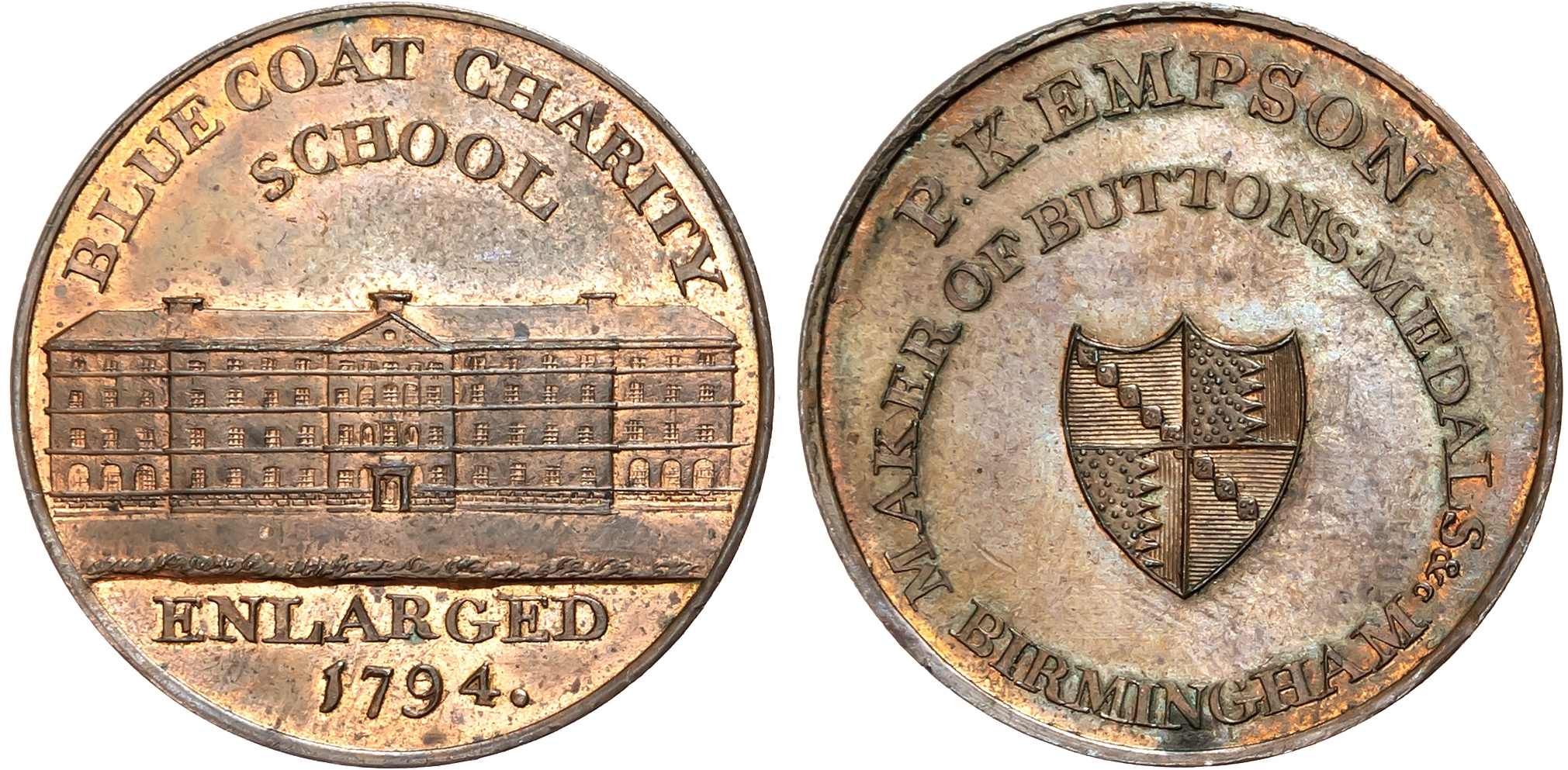 Warks. Birmingham, Kempson’s series of Birmingham Buildings, Halfpence, Barracks, 11.44gm. (DH 177), Blue School, 11.85g …