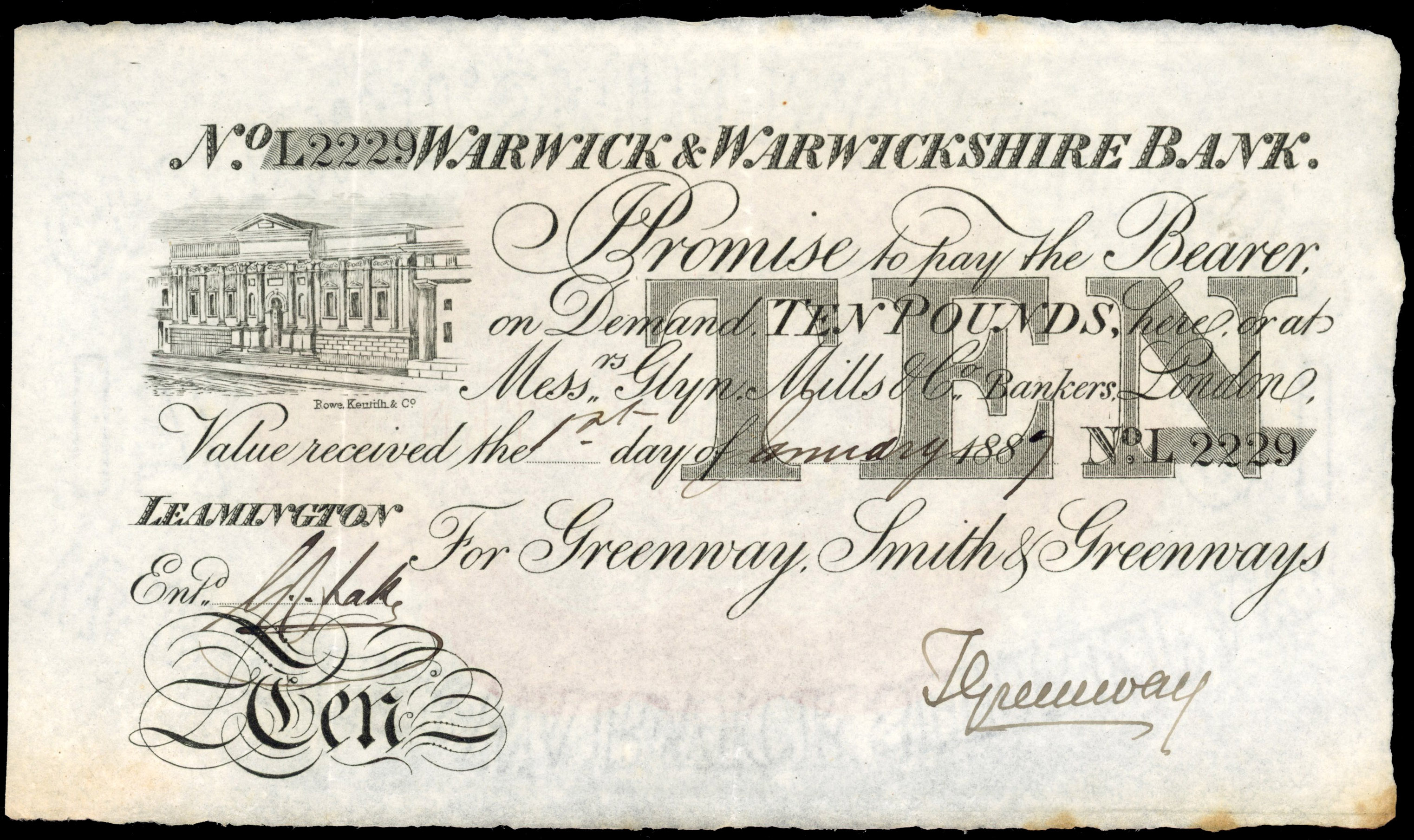 LEAMINGTON, Warwick & Warwickshire Bank, for Greenway, Smith & Greenways, £10.,1 October 1884, serial number L…