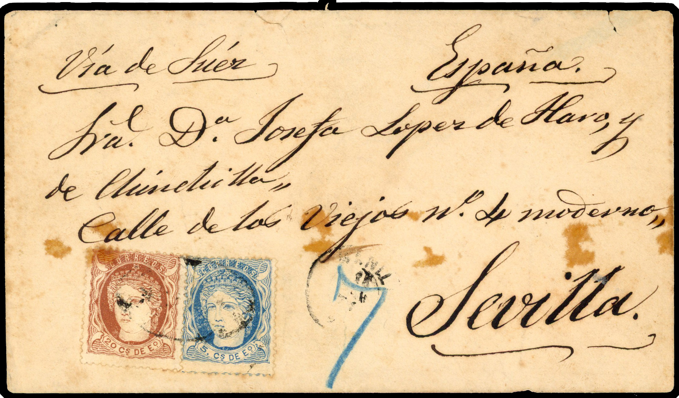 1876 envelope to Sevilla, Spain bearing on 1871 5c blue and 20c brown cancelled by light strike of parrilla hs