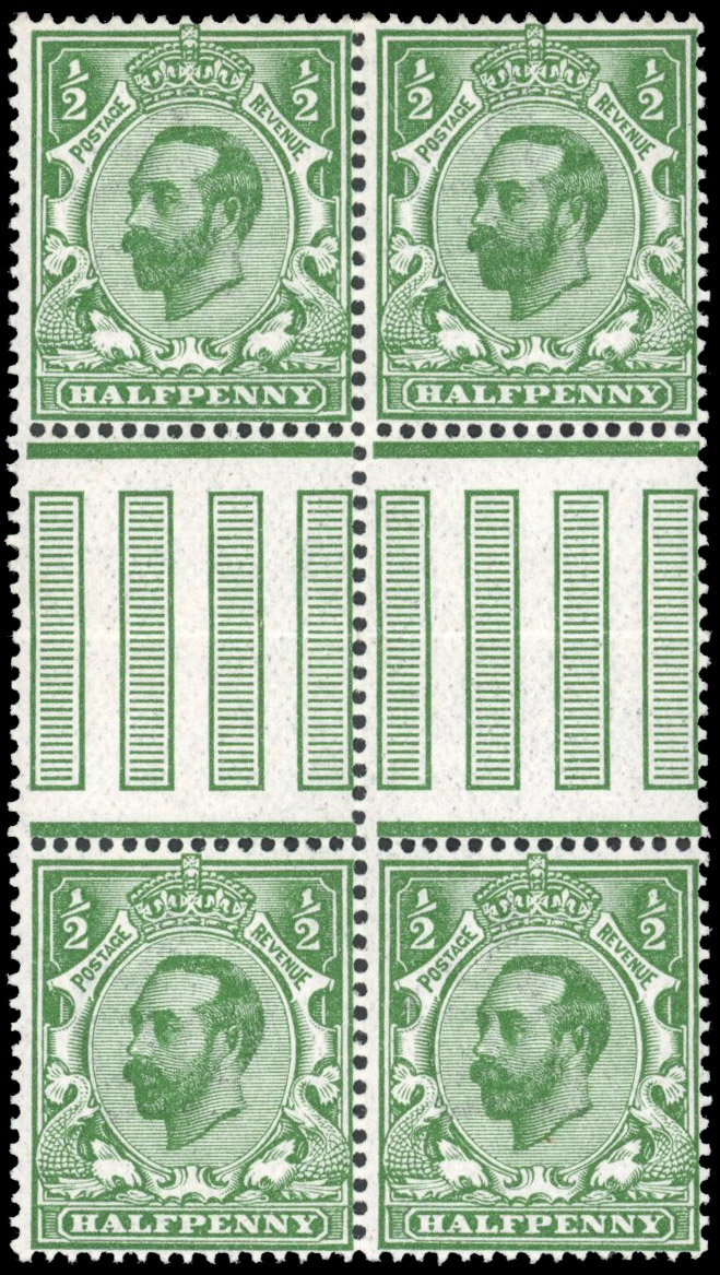GB 1911-12 Crown, Die 1A ½d bluish green, mint unmounted o.g. vertical interpanneau block of four