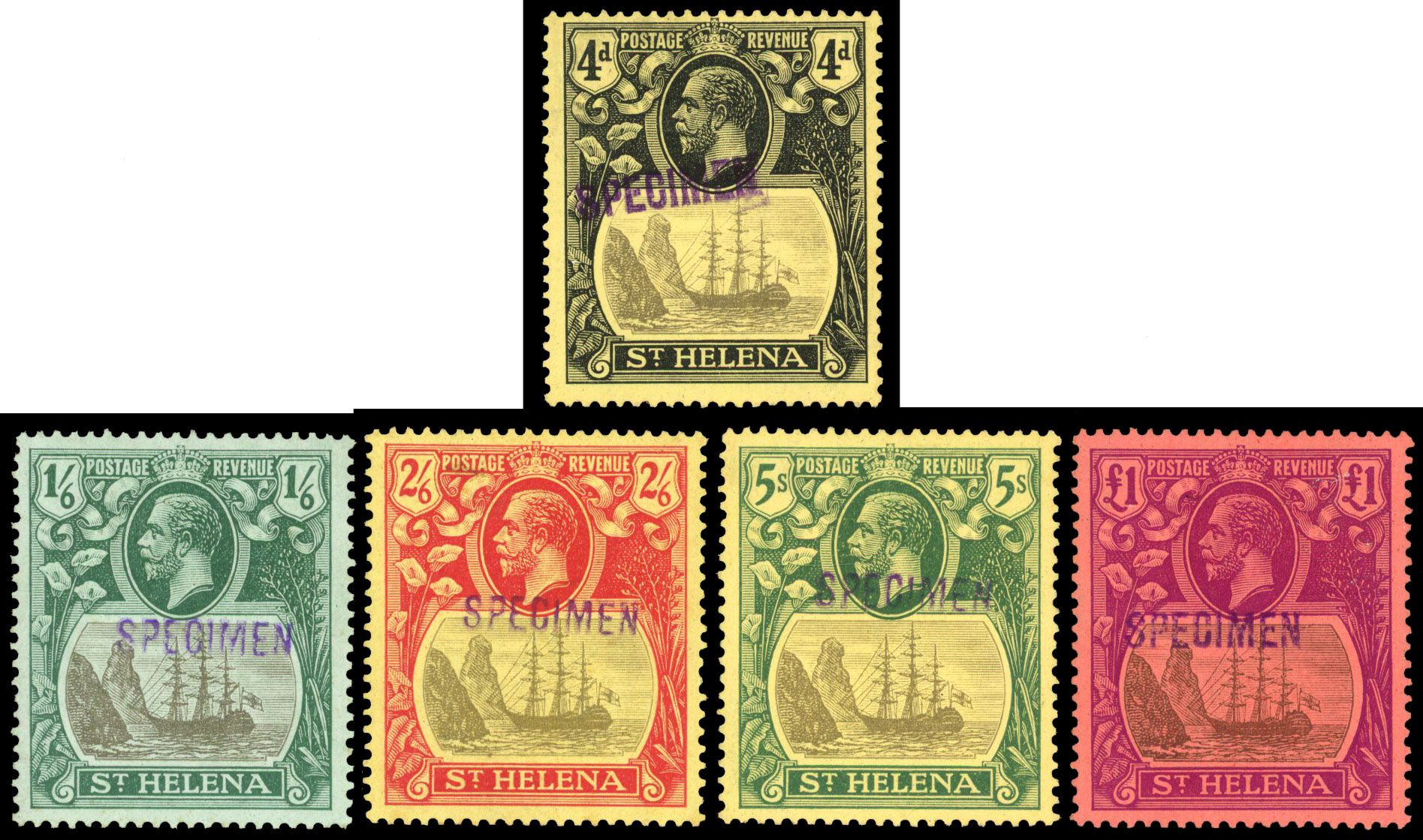 St Helena SG 92s-96s local Specimen handstamps