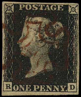 1840 1d black plate 4 (RD) 4 margins,...