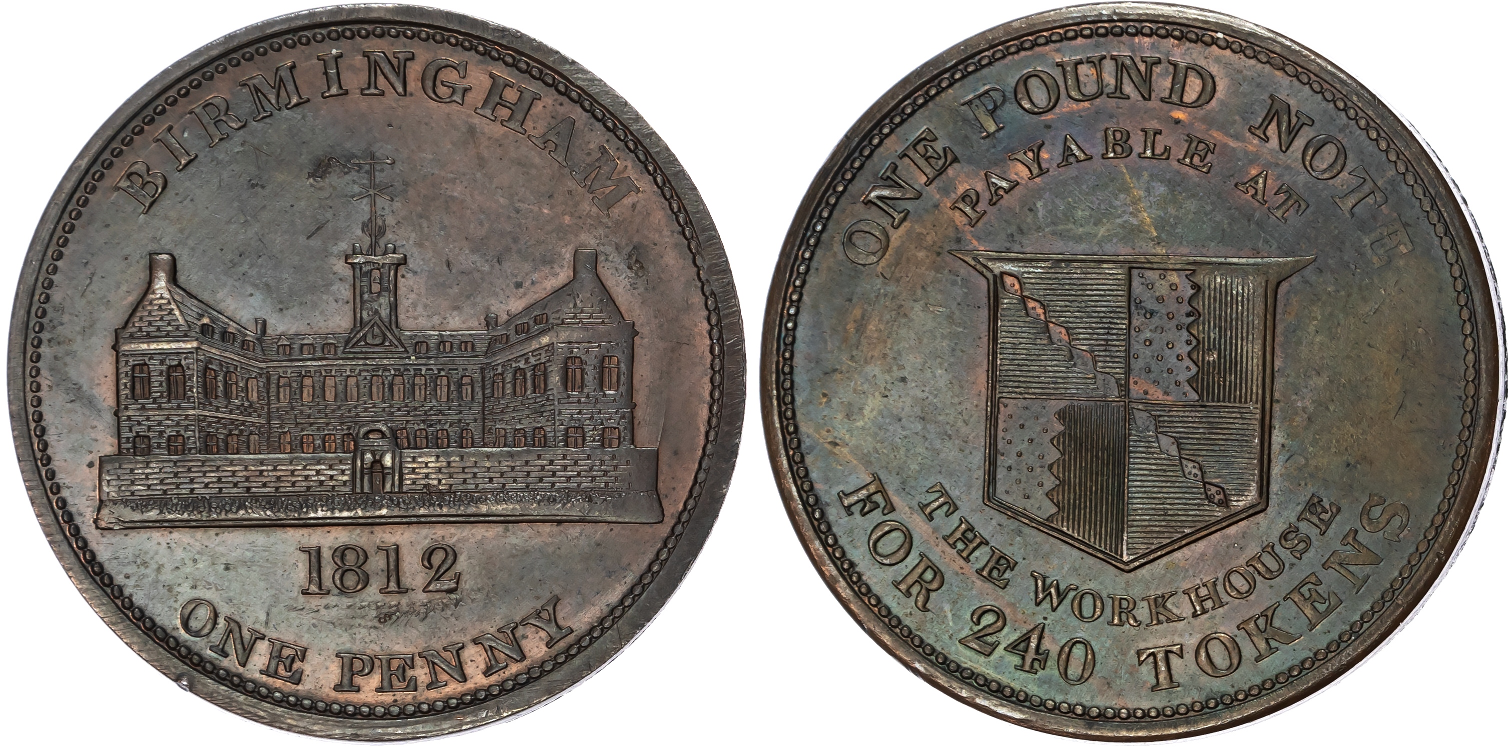 BIRMINGHAM, Warks. Workhouse Penny 1812, West view of workhouse, rev. Birmingham arms in two-line circular leg…