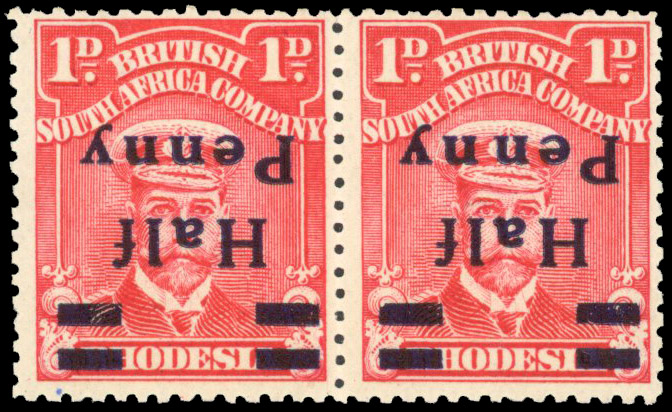 Rhodesia 1917 ½d on 1d rose-carmine error Surcharge Inverted one with variety n n spaced