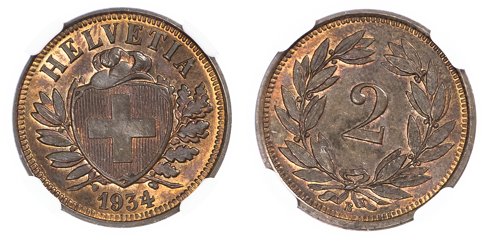 Switzerland. Federal State Æ 2 Rappen. 1934B.