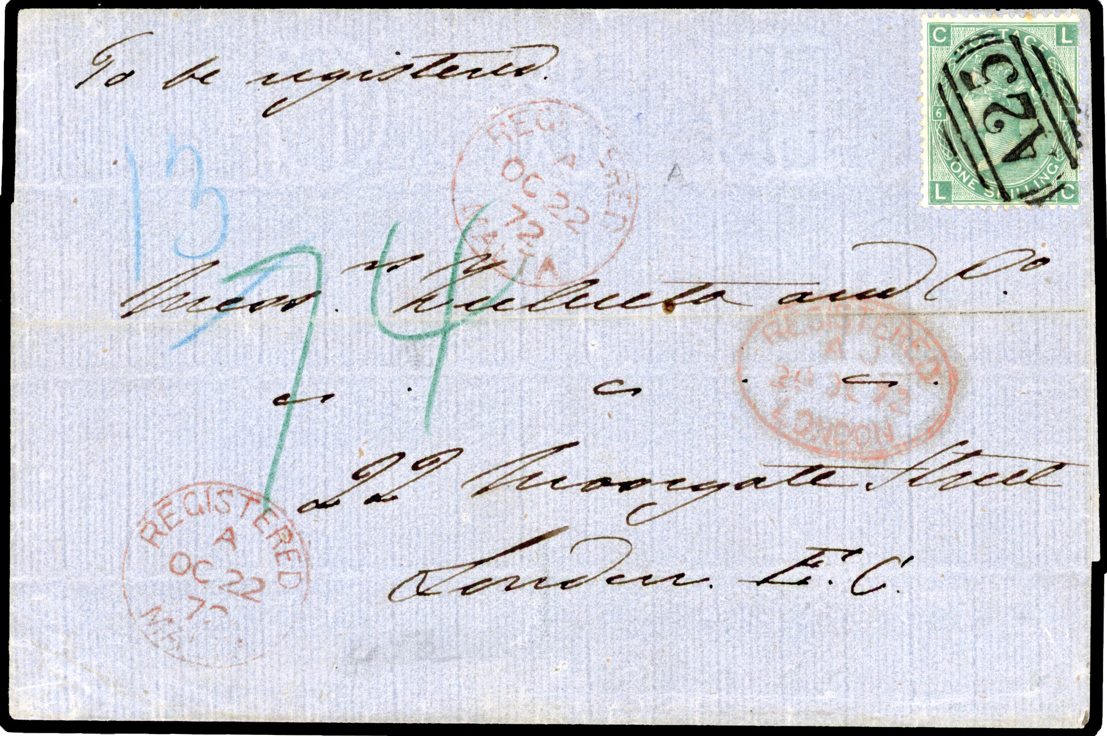 1872 registered outer wrapper to London with GB 1s tied barred ‘A25’ cancel. Red ‘REGISTERED MALTA OC 22 72’