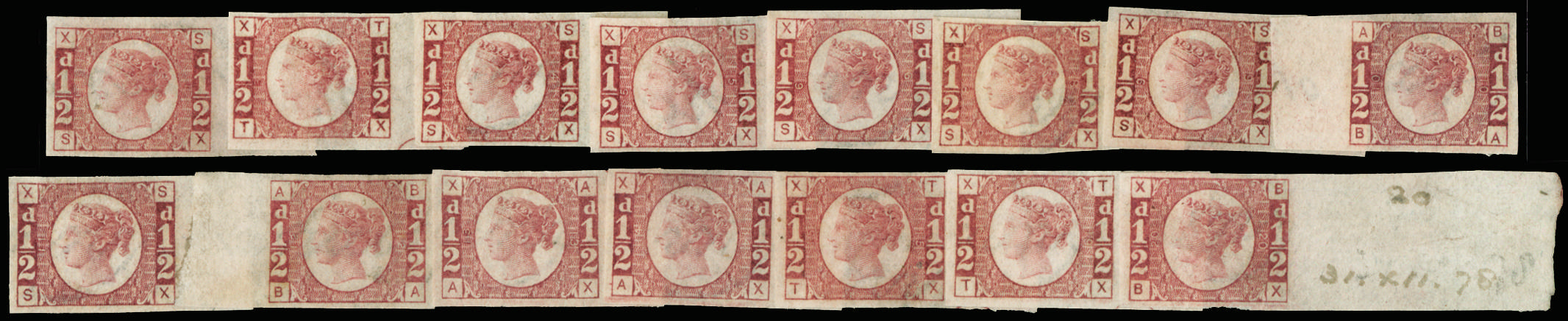 GB SG 48 1870 ½d rose-red set of fifteen imprimaturs
