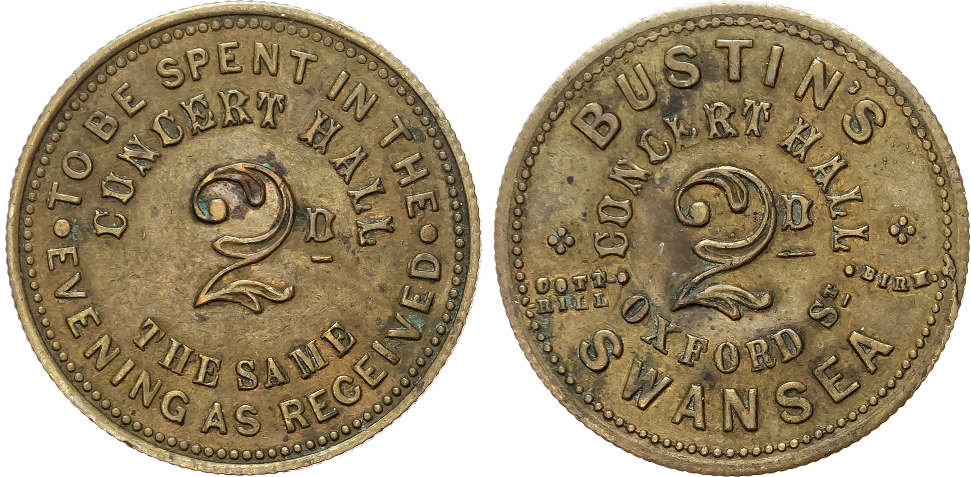 Swansea, Bustin’s Concert Hall (Oxford St.) 2d. check (26mm). 