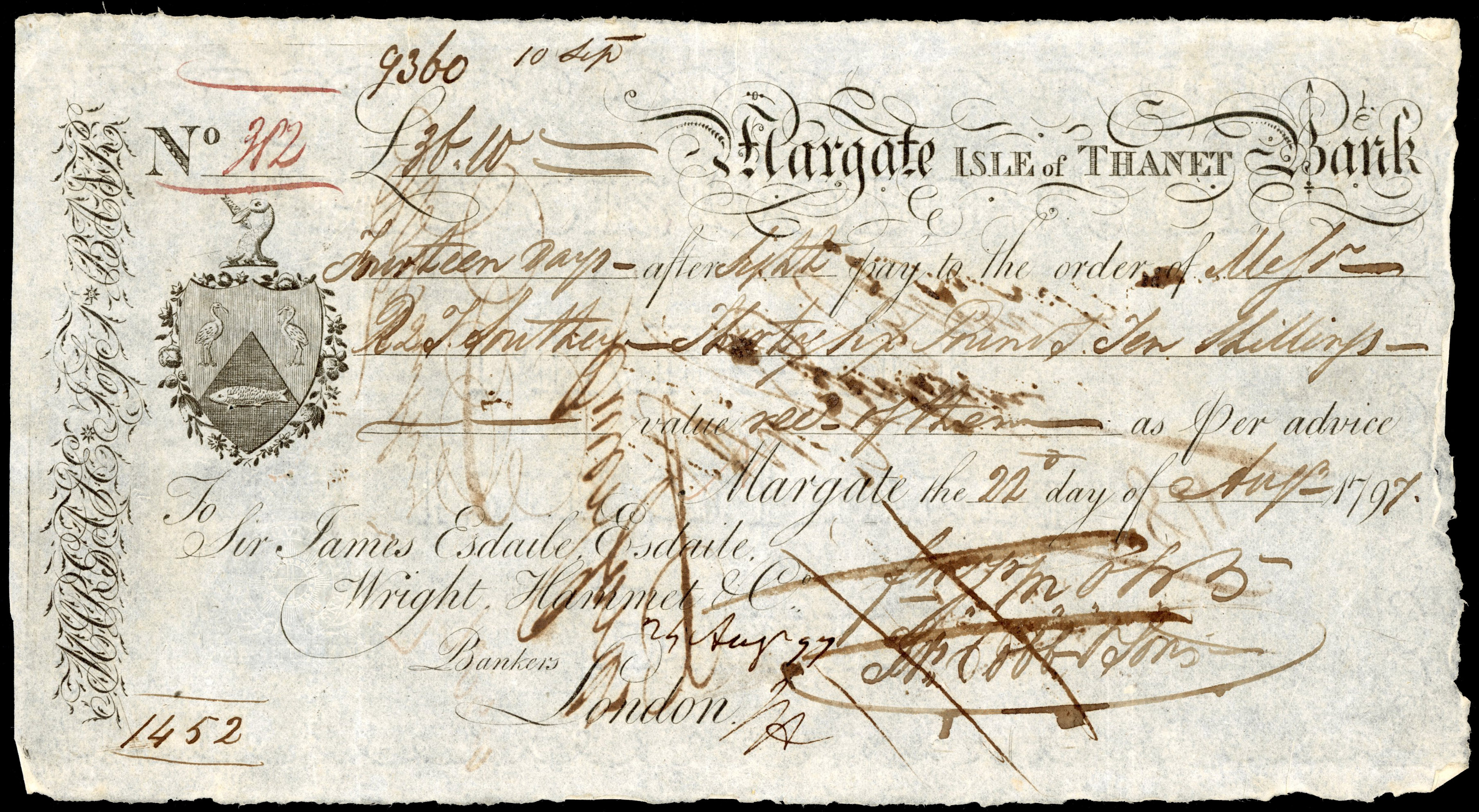 Margate Bank for Sir James Esdaile, Esdaile, Hammet & Esdaile, Cheque for £600dated 31st. June 1788 to Jacob S…