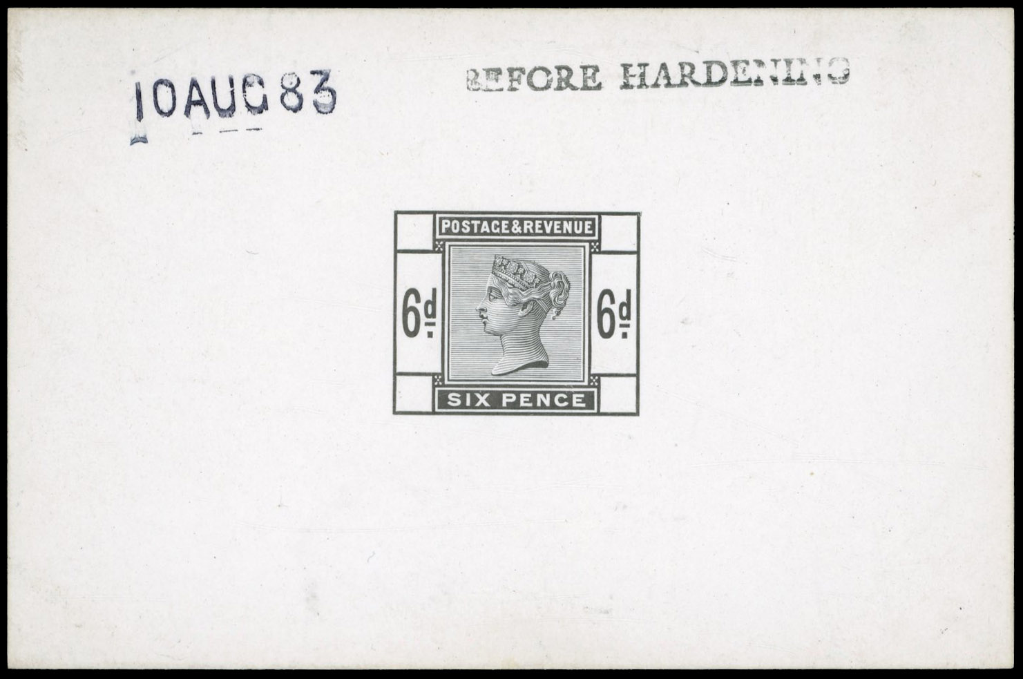 GB 1883-84 6d die proof, printed in black on white glazed card, For SG 194