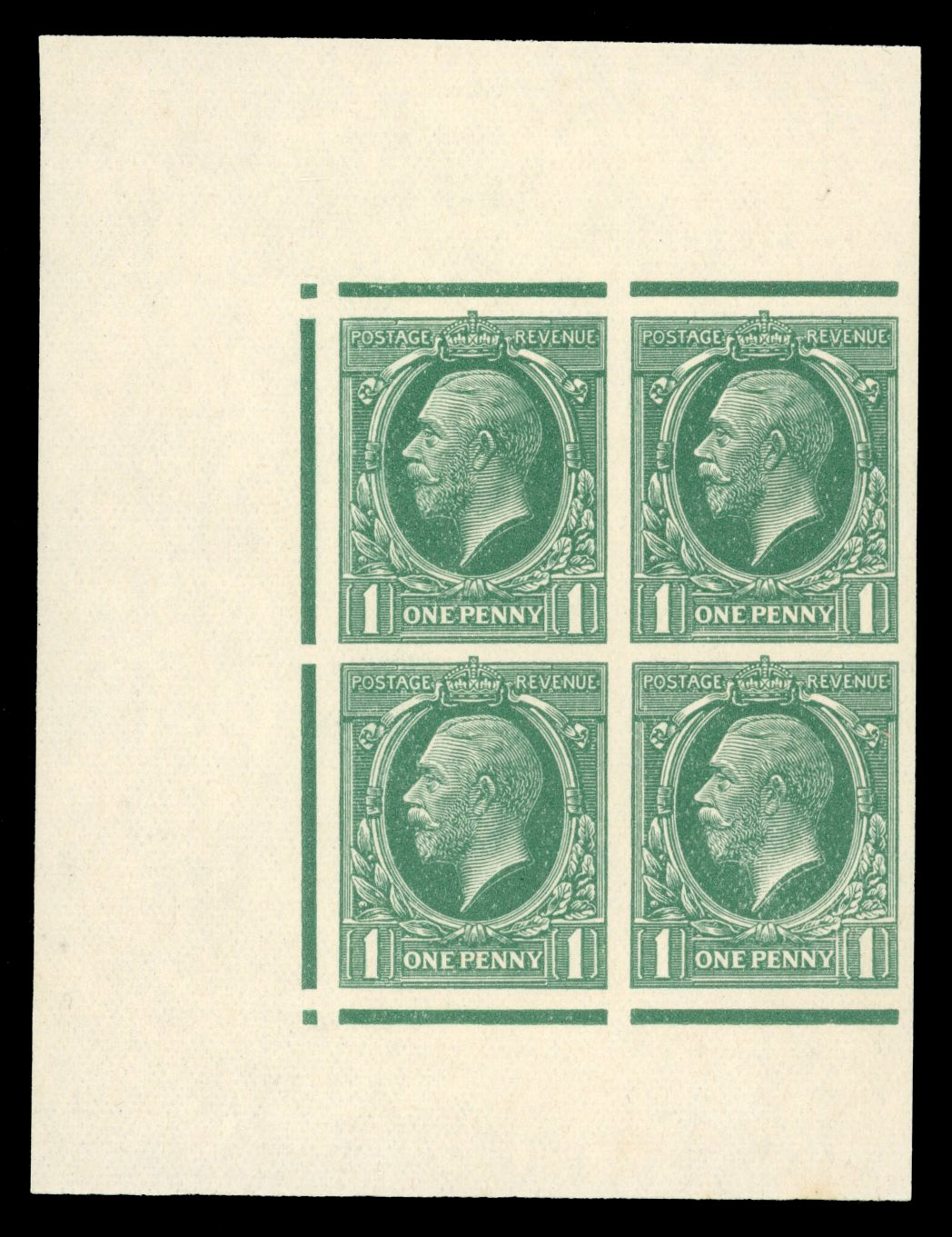 GB 1934 1d Photogravure colour trials block of four in pearl green
