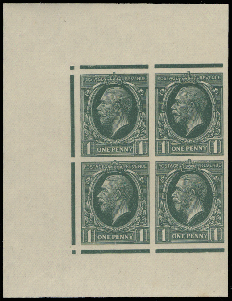 Great Britain 1934 1d Photogravure colour trials. Very fine unmounted o.g. marginal block of four in pearl green p…