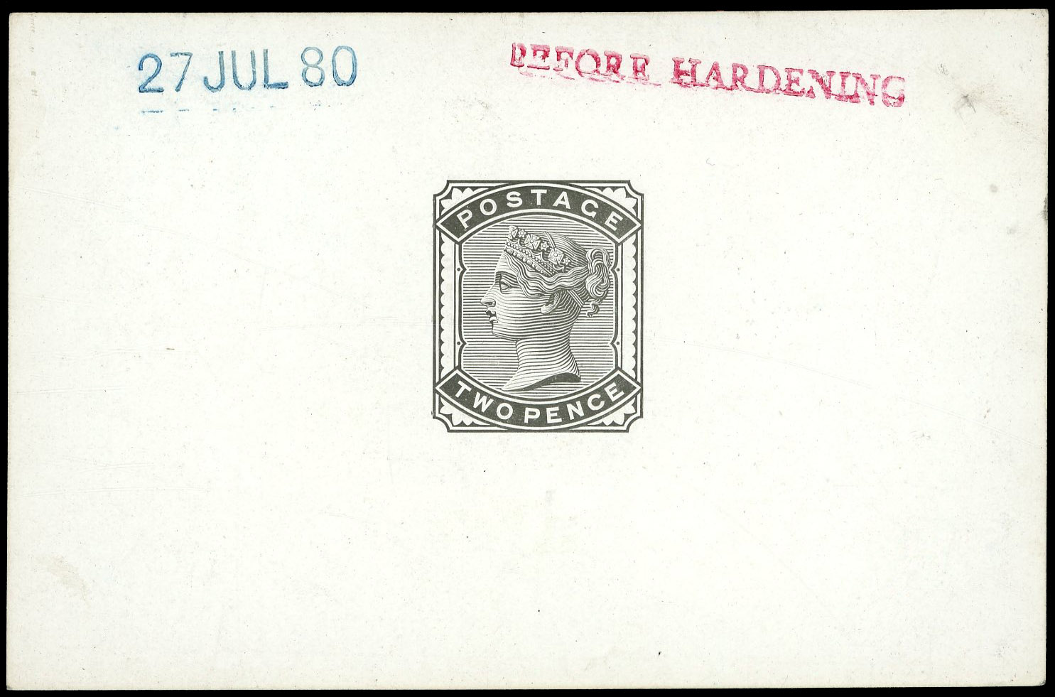 1880 2d rose. Very fine die-proof printed in black on white glazed card (92x61mm) dated ’27 JUL 80’ in blue and endorsed…