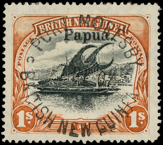 PAPUA: 1906 1s black and orange, watermark vertical, with a fine central Port Moresby cds...