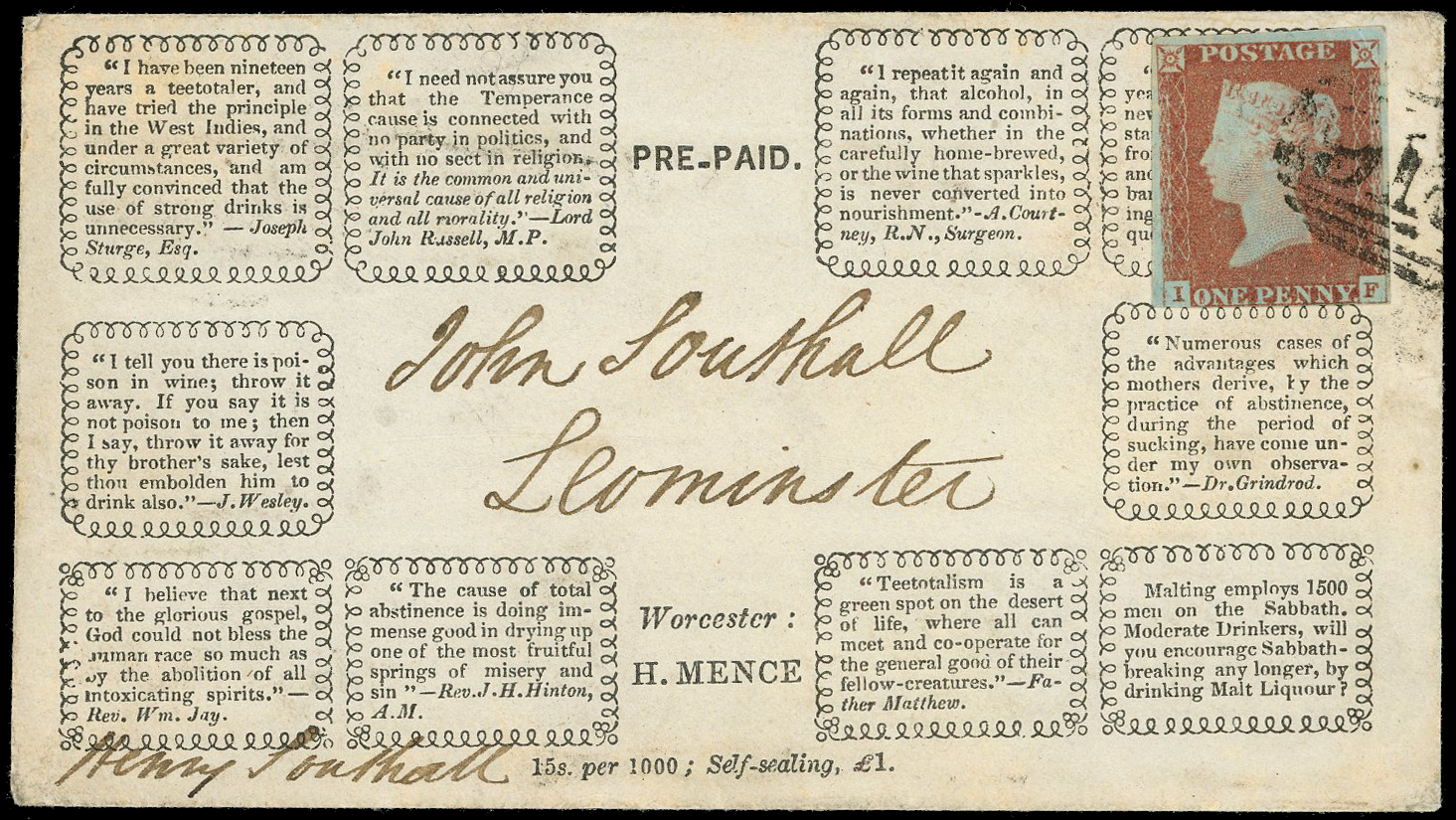 1847 Temperance printed envelope. 
