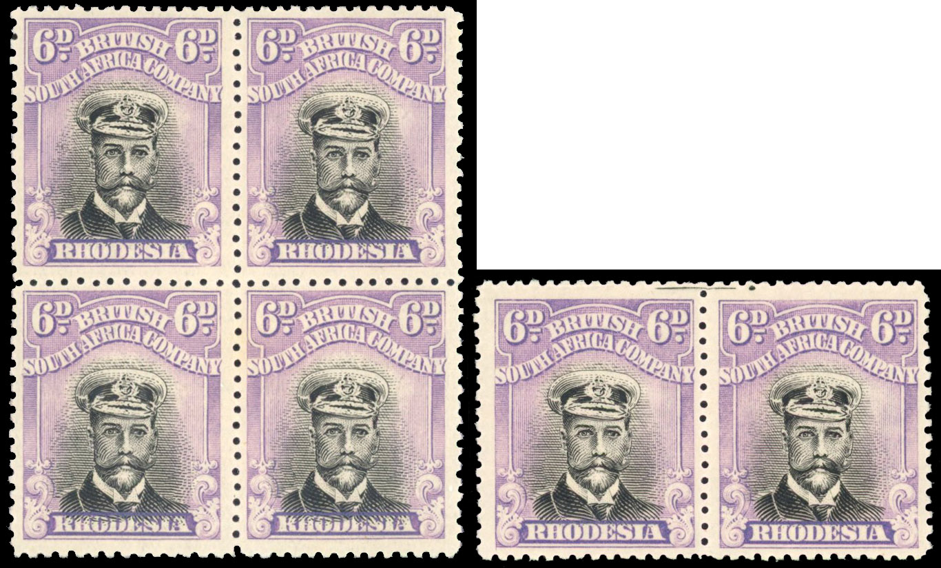 Rhodesia 6d SG 295 block, and pair with printer's mark mint
