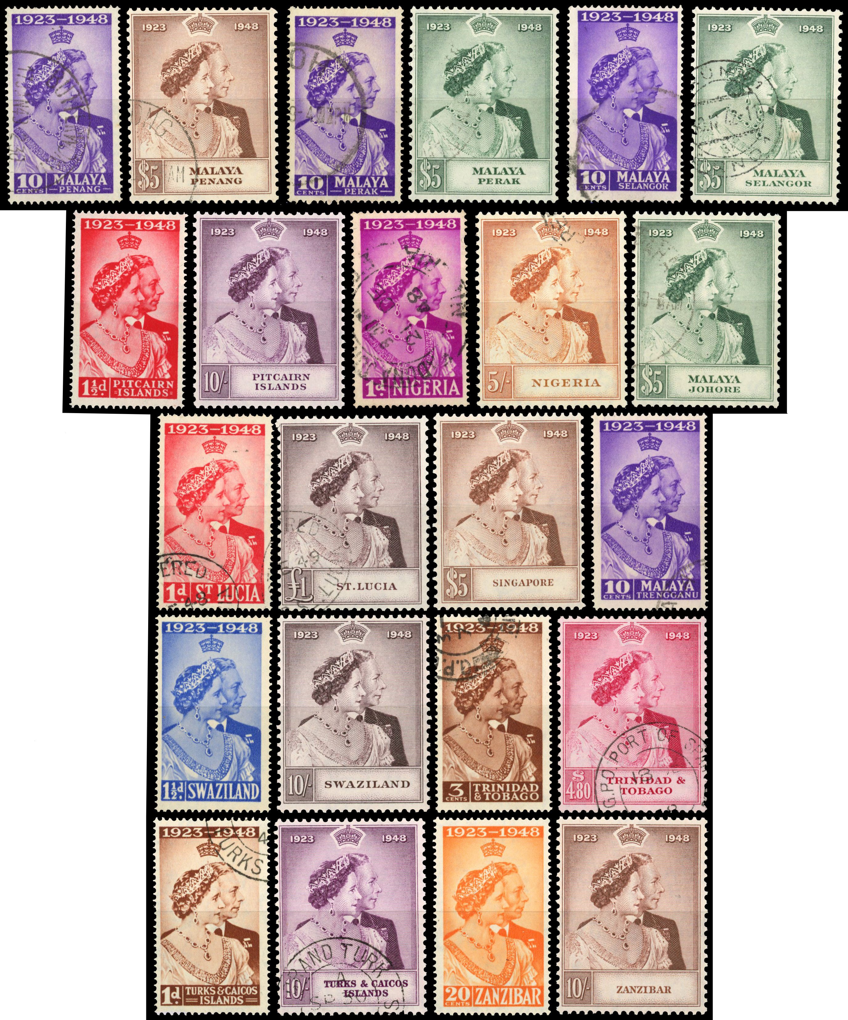OMNIBUS: 1948 Royal Silver Wedding issues on stock cards including mint Aden, Jamaica, Pitcairn, Singapore, Swaziland,