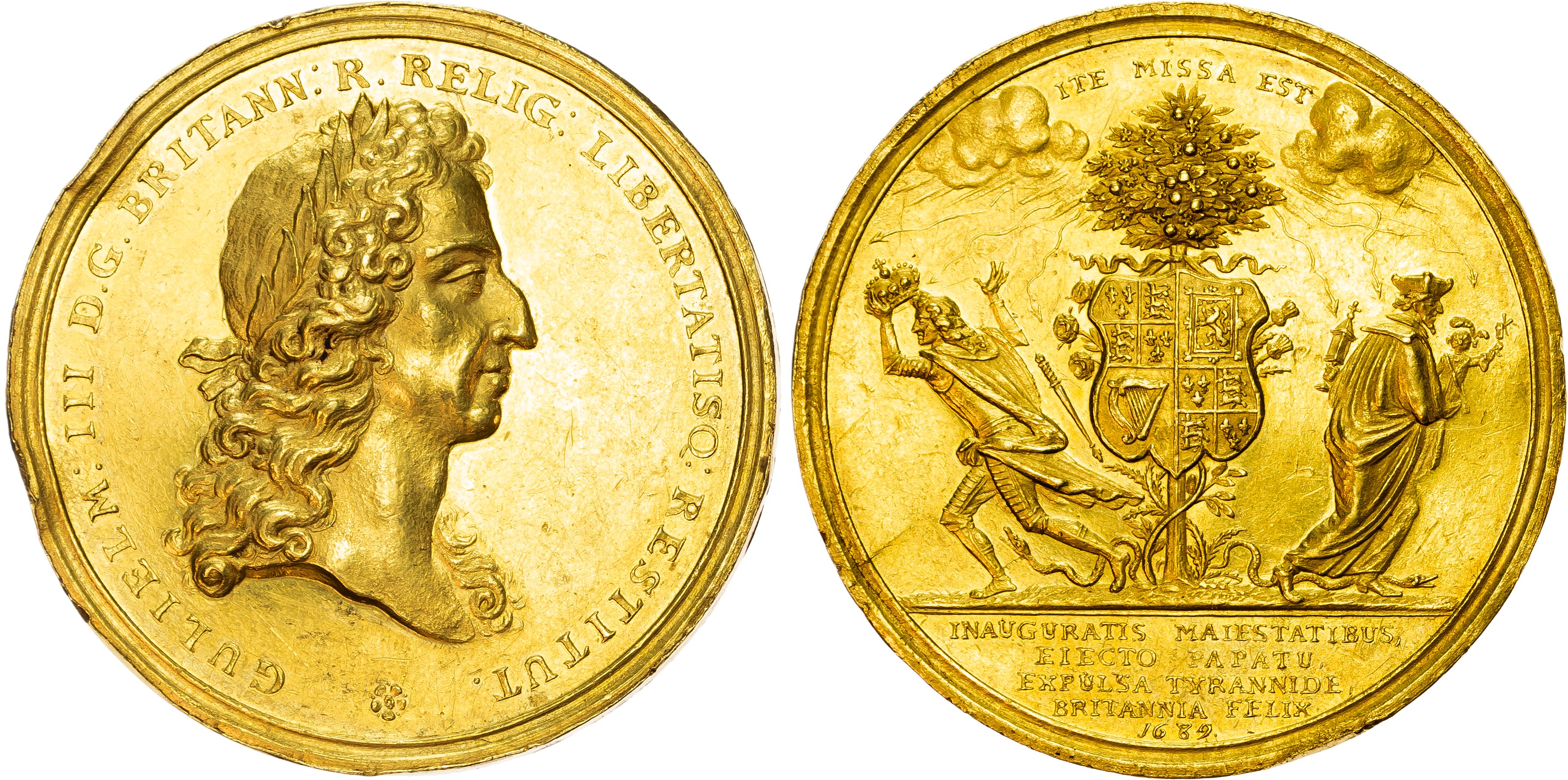 William & Mary (1689-1694) Coronation of William of Orange and Flight of James II, 1689, large gold medal.