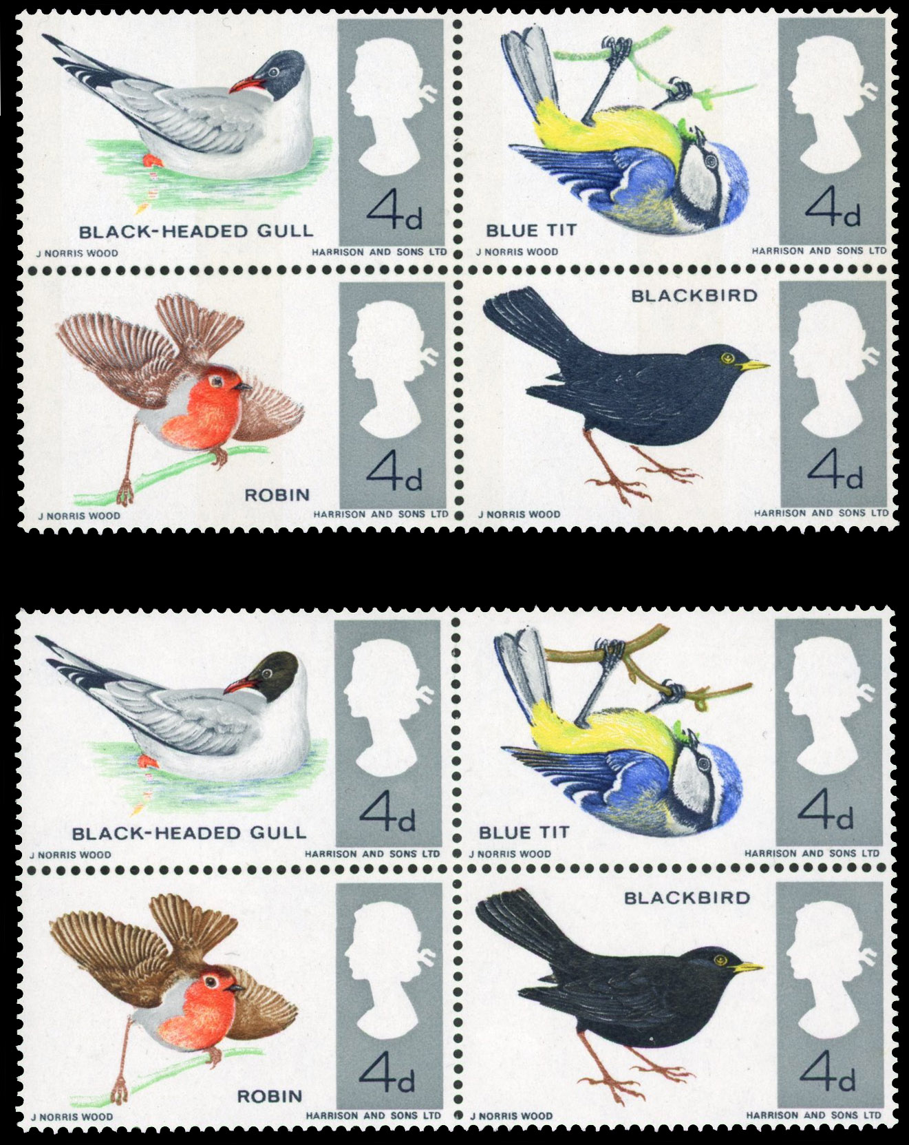 1966 British Birds phosphor se-tenant block of 4 bistre omitted offered with normal for comparison, fine unmounted