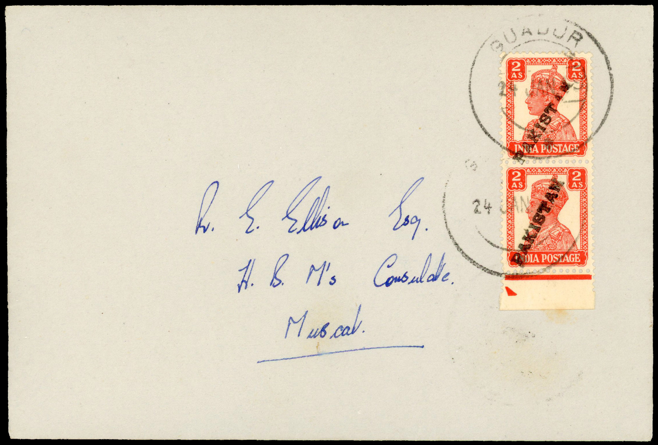 Muscat cover with Pakistan local handstamps used from Guadur