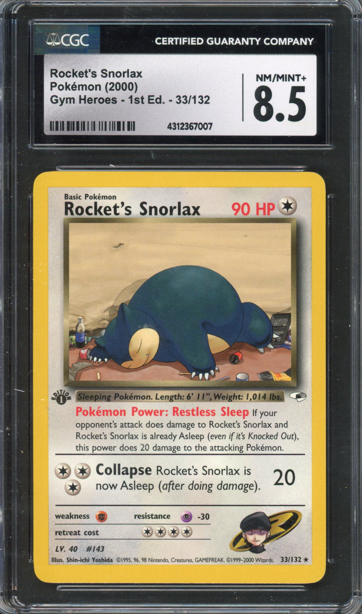 Pokémon TCG - CGC 8.5 1st Edition Rocket's Snorlax Gym Heroes NM/MINT 