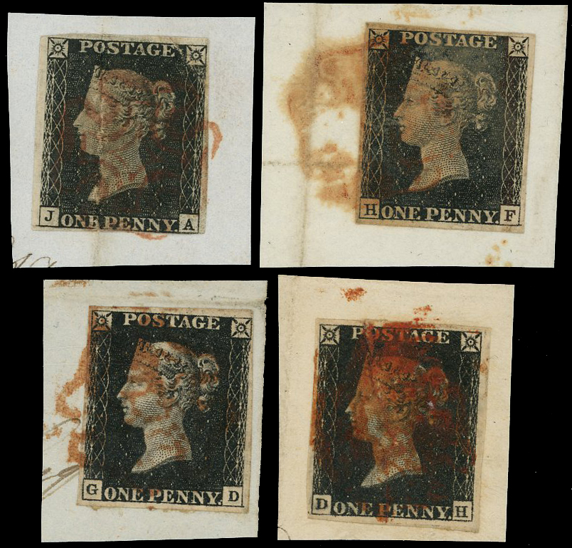 1840  1d black unplated selection of nine entires,