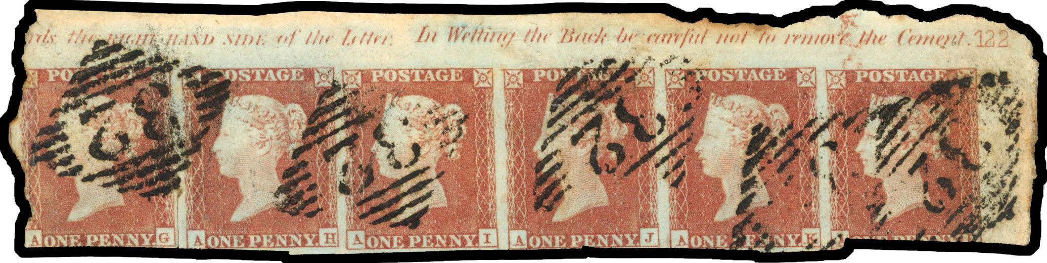 1841 1d Red-brown Pl.122. Used top right hand corner marginal horizontal strip of six