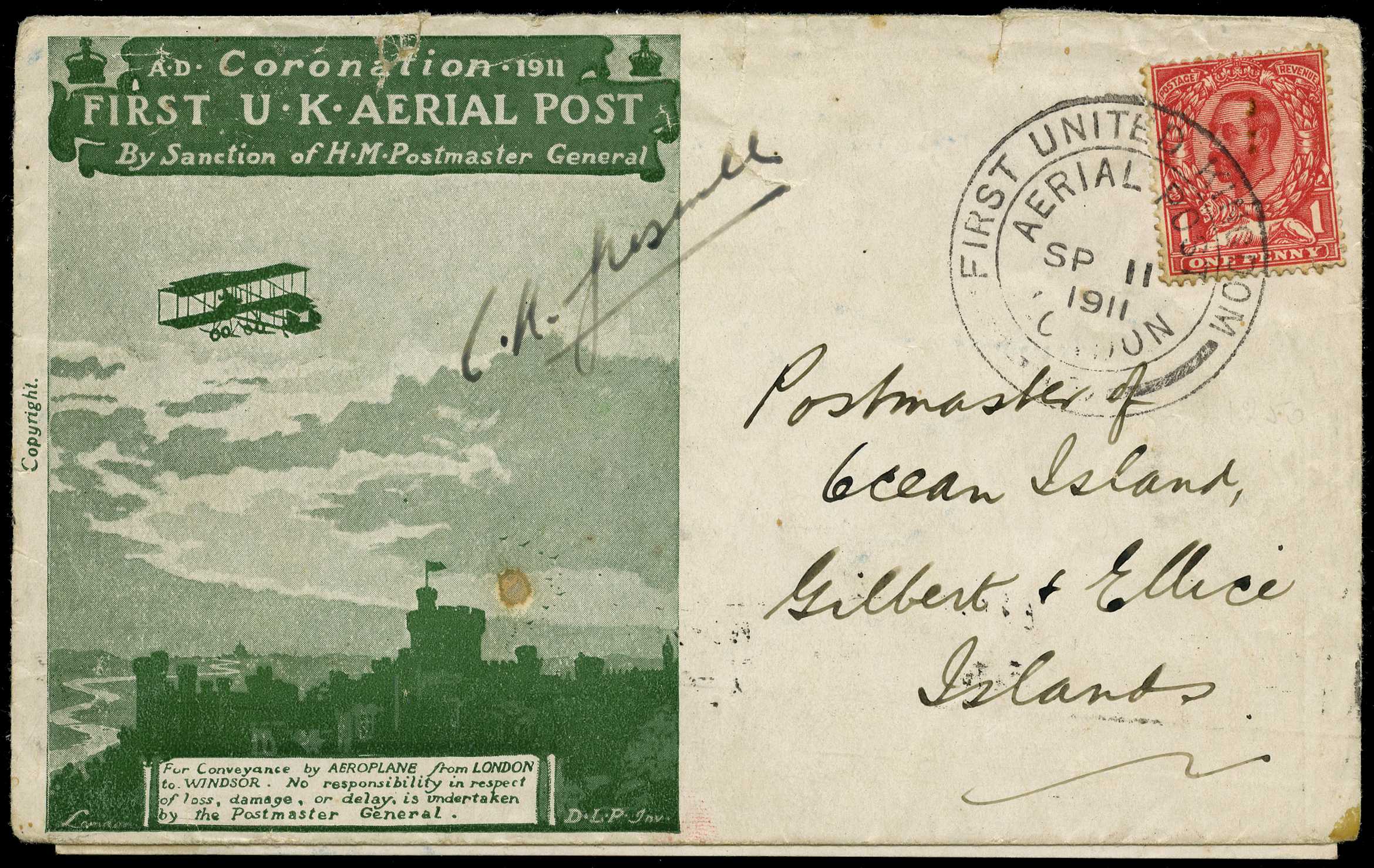 1911 FIRST U.K. AERIAL POST: Green cover with...