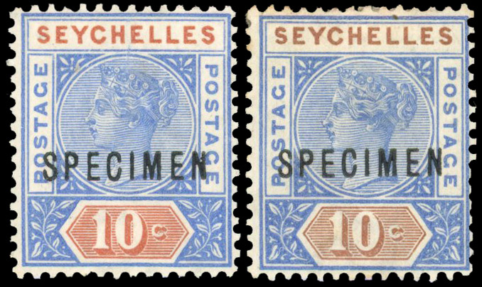 Seychelles 1892 10c SPECIMEN error of colour SG 12var 