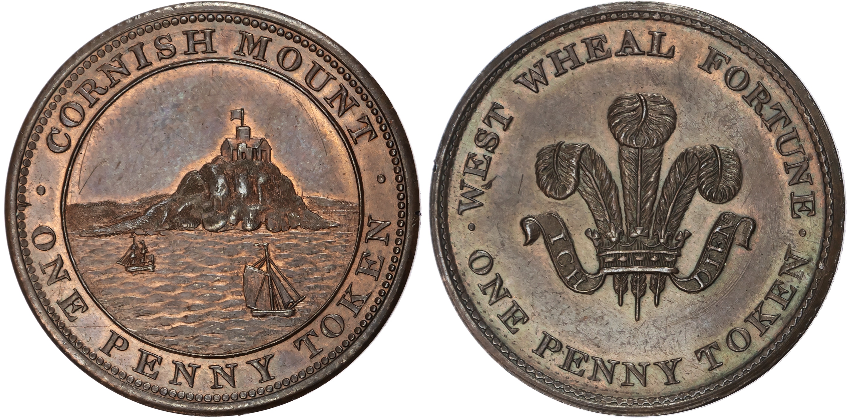 Cornwall, LUGDVAN West Wheel Copper Mine Penny undated, View of St. Michael’s Mount, rev. Prince of Wales plum…