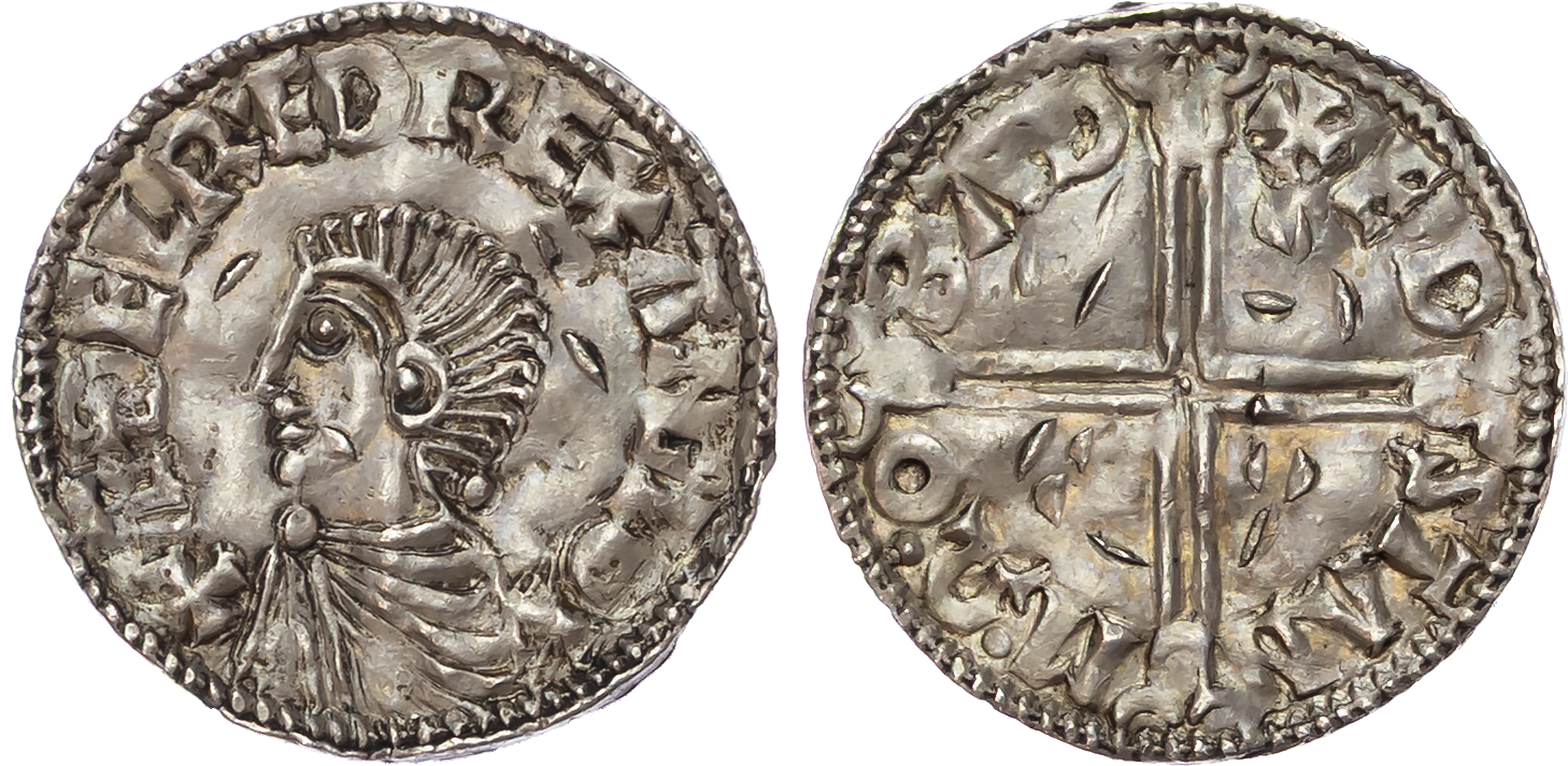 Aethelred II (978‑1016), AR Penny, long cross type, Bath mint, Edstan as moneyer.