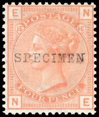 GB 1873-80 4d vermilion, Pl. 15 (NE), optd ‘SPECIMEN’ Type 9 Spec. J62t, SG 152s