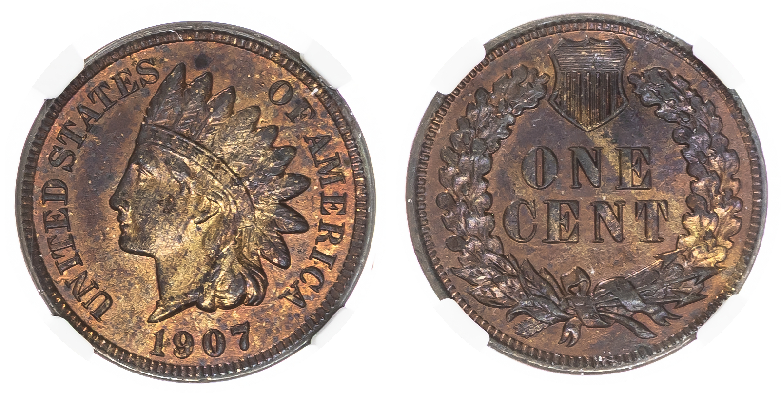 USA , Indian Head bronze Cent, 1907, Philadelphia (KM 90a) . In NGC holder graded UNC Details – Environmental …