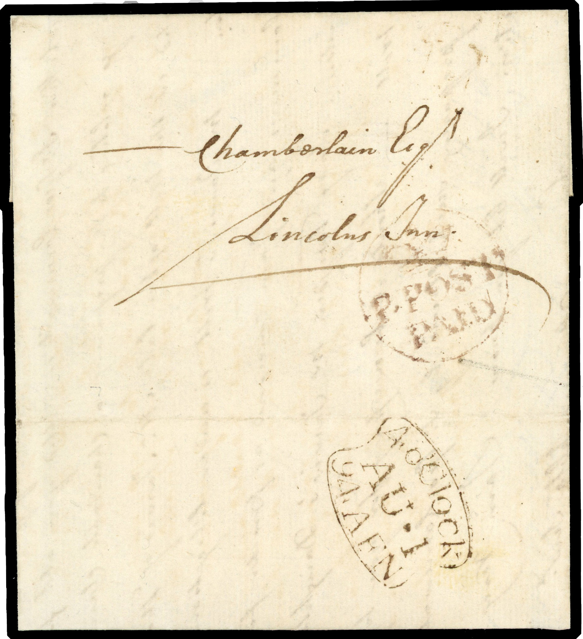 1794 pre-stamp. Wonderful Entire sent locally within London showing a fine strike of the rare “Crown/P/POST/PAID”