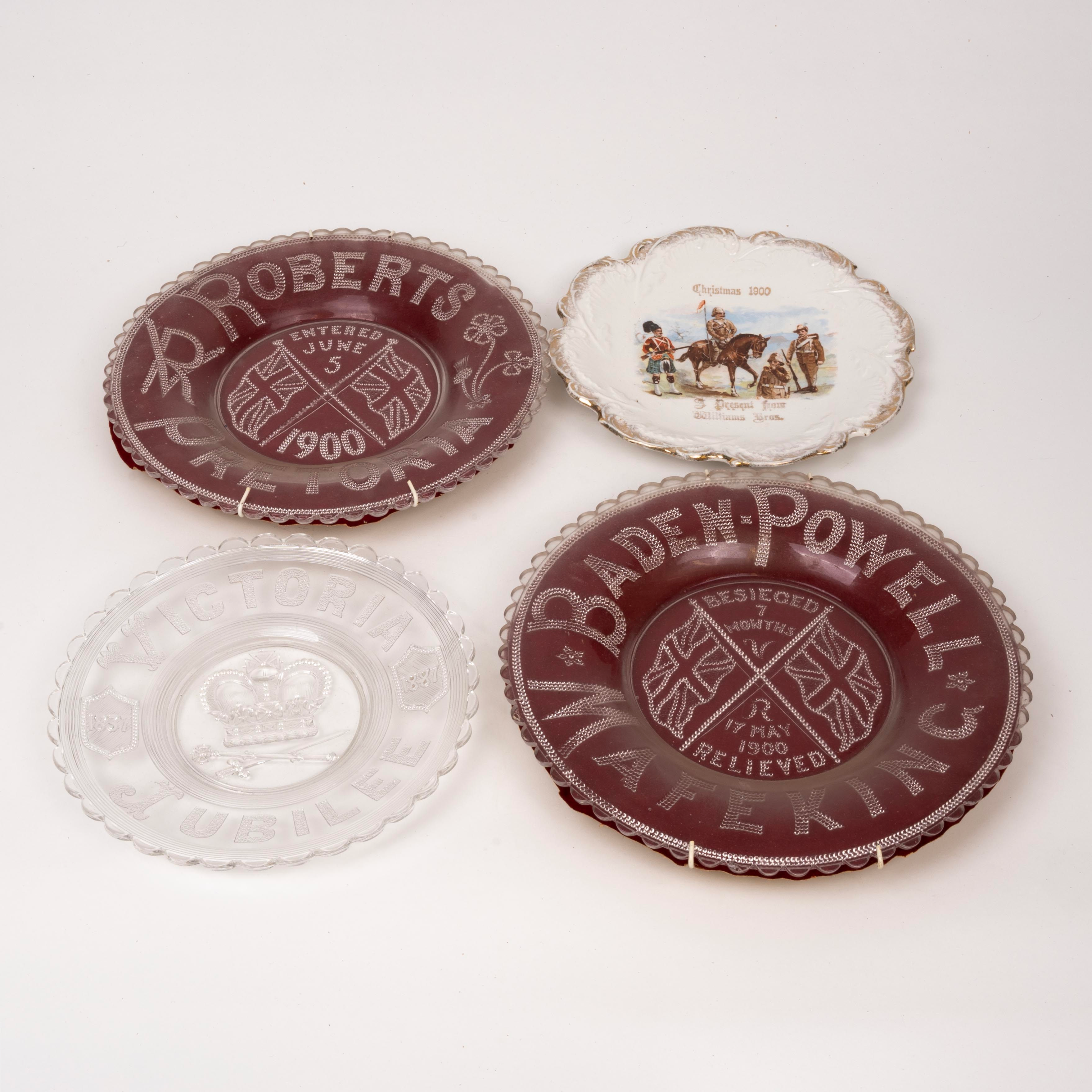 Glassware - three glass plates with Boer War and Queen Victoria interest