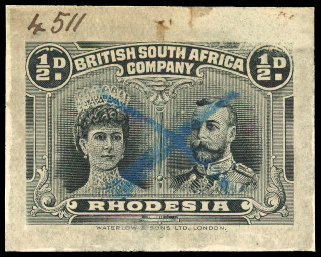 Rhodesia 1910-13 ½d composite die proof in black