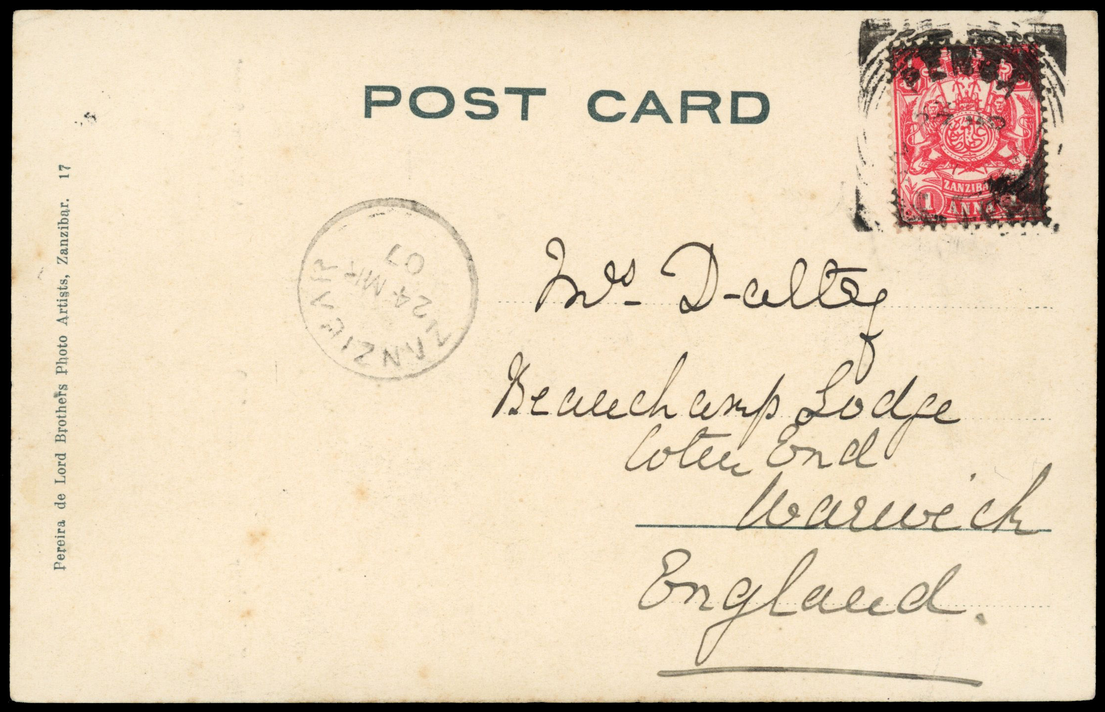 Zanzibar SG 211 1907 picture postcard to England franked with 1904 1a tied by Pemba squared circle