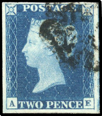 1840 2d deep full blue, Plate 2 (AE), with four margins
