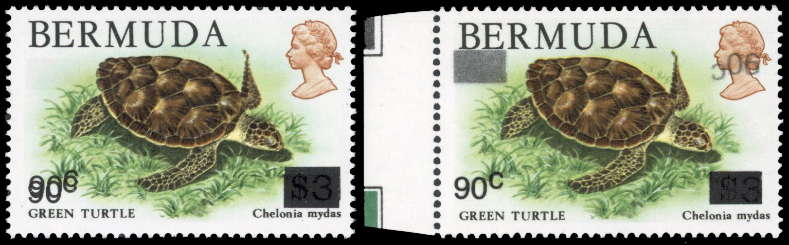 Bermuda 1986 90c on $3 with surcharge double one inverted, and surcharge double, mint